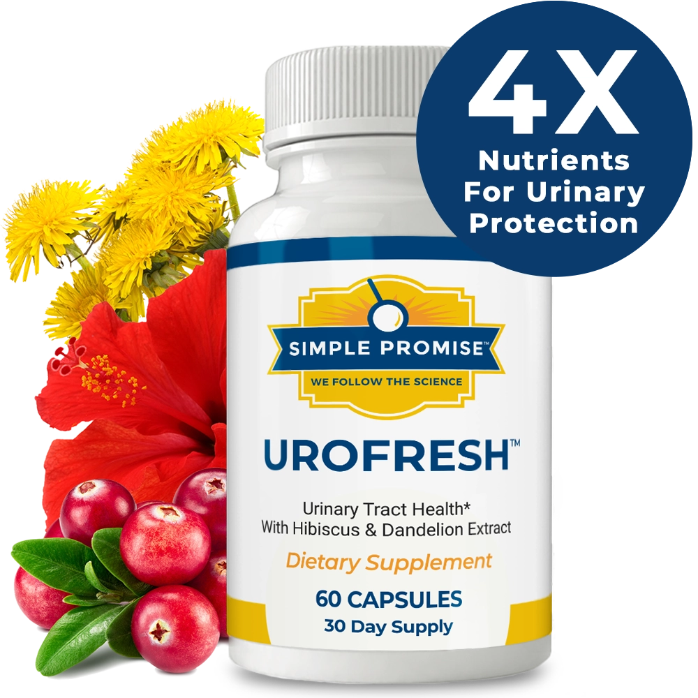 UroFresh bottle with cranberries, hibiscus and dandelion