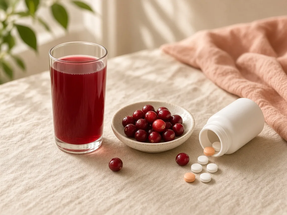 A glass of cranberry juice, fresh cranberries and a tipped-over pill bottle