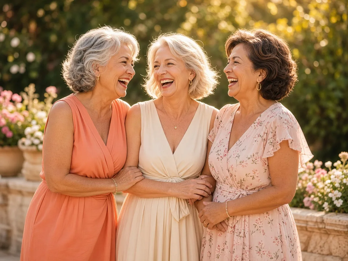 Three older women laughing together on a garden terrace