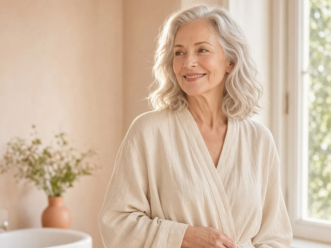 Smiling older woman in a linen robe by a sunlit window
