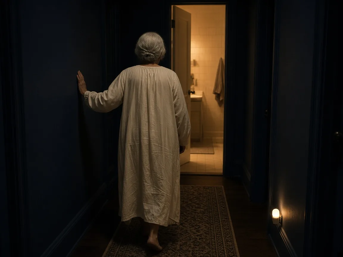 An older woman in a nightgown walking down a dark hallway at night
