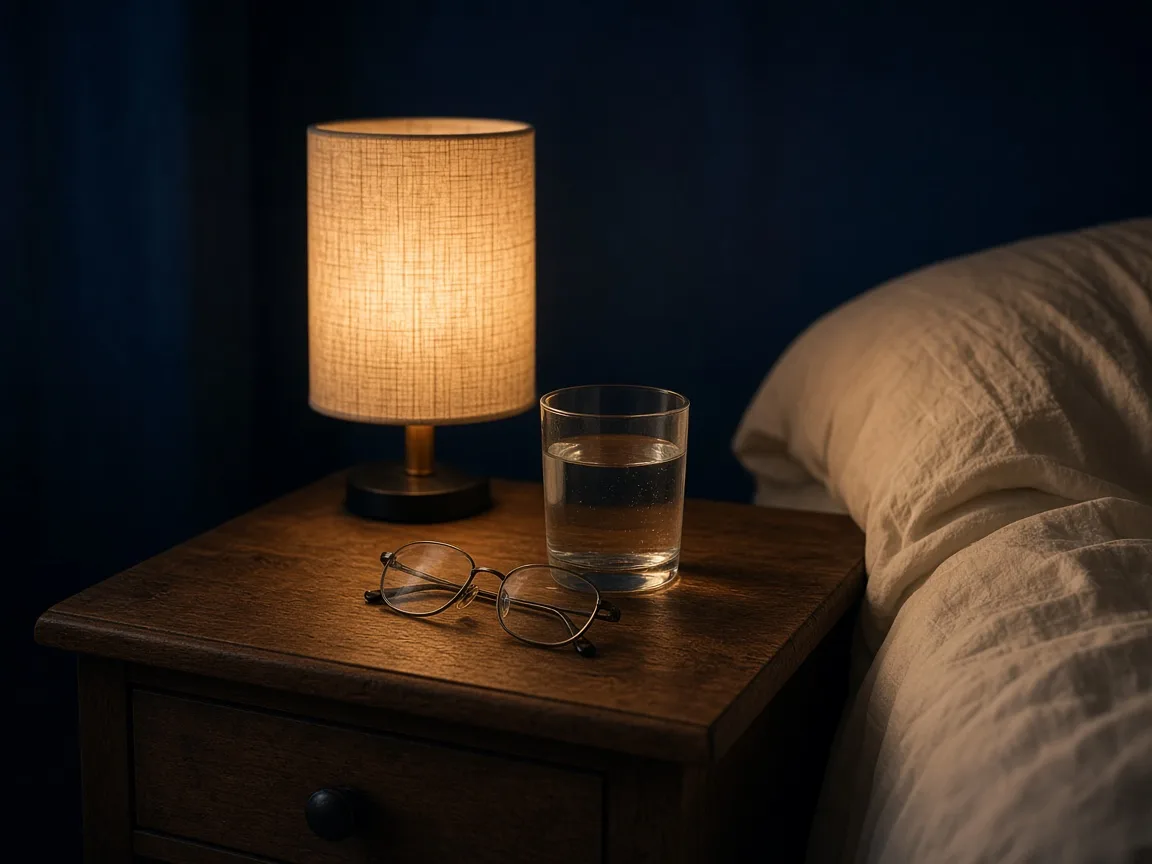 A full glass of water on a bedside table beside a glowing lamp