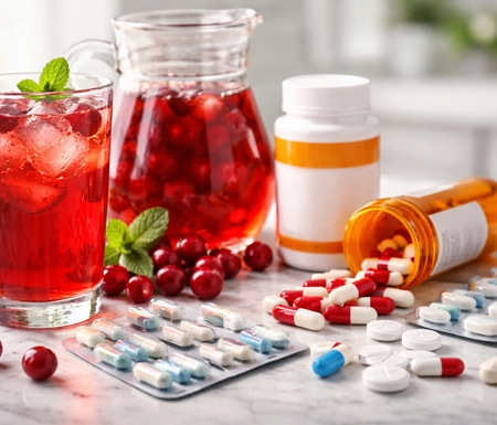 Cranberry juice next to pills and a pill bottle