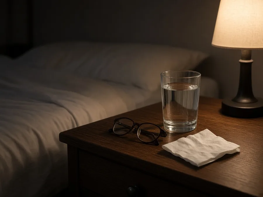 A full glass of water on a bedside table at night
