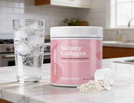 Skinny Collagen jar on a kitchen table