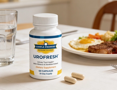UroFresh bottle on a breakfast table