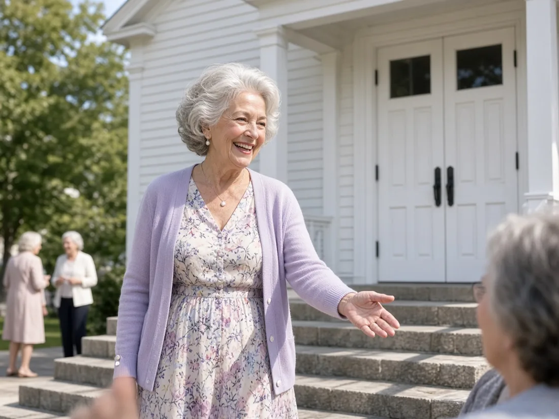 Women in their sixties chatting outside church on a Sunday morning