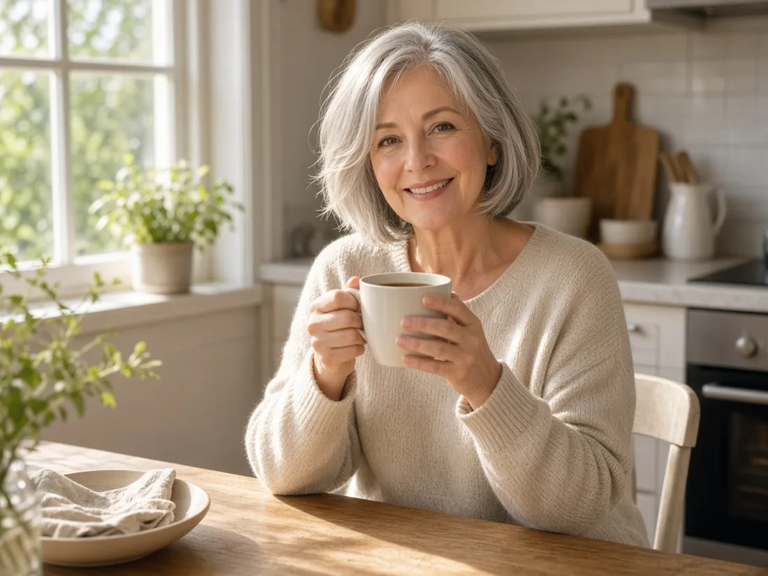 A woman in her sixties with a cup of tea at her kitchen table in the morning