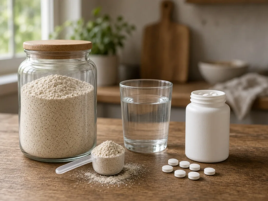 A glass of fiber drink and a few plain pills on a kitchen counter