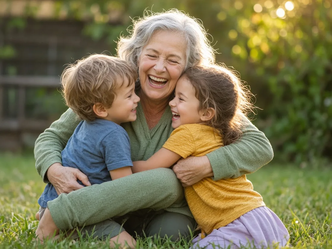 A grandmother playing with her grandchildren in the backyard